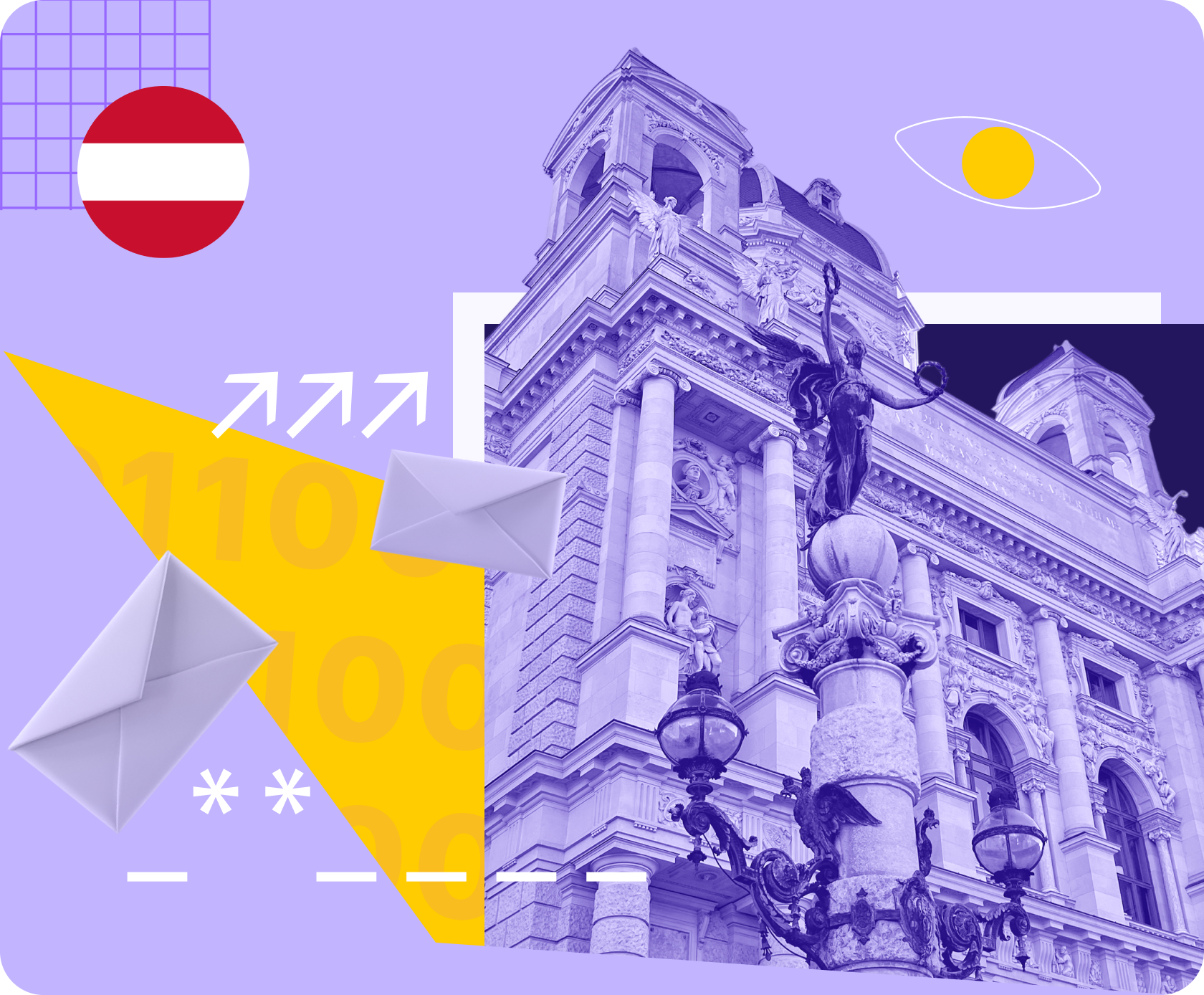 The Natural History Museum in Vienna and email logos under a surveillance eye.