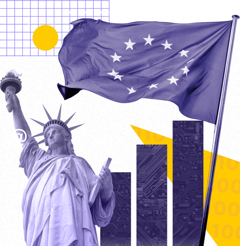 The European Union flag behind the Statue of Liberty with a rising bar graph.