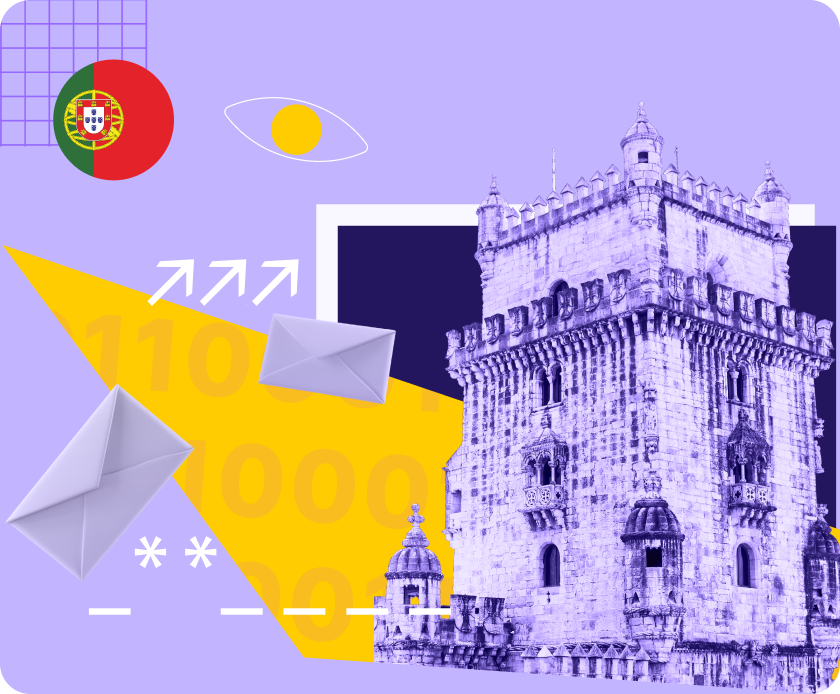 Email under a surveillance eye with the Belém Tower in the background