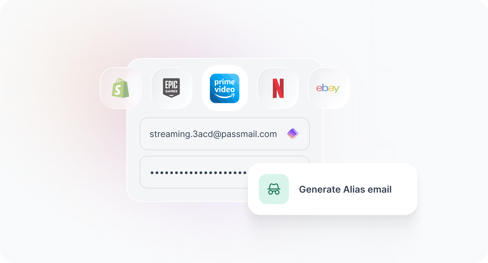 Proton Pass interface showing a login form with a generated passmail.com email alias, a Generate Alias email button and icons for Shopify, Epic Games, Prime Video, Netflix and eBay