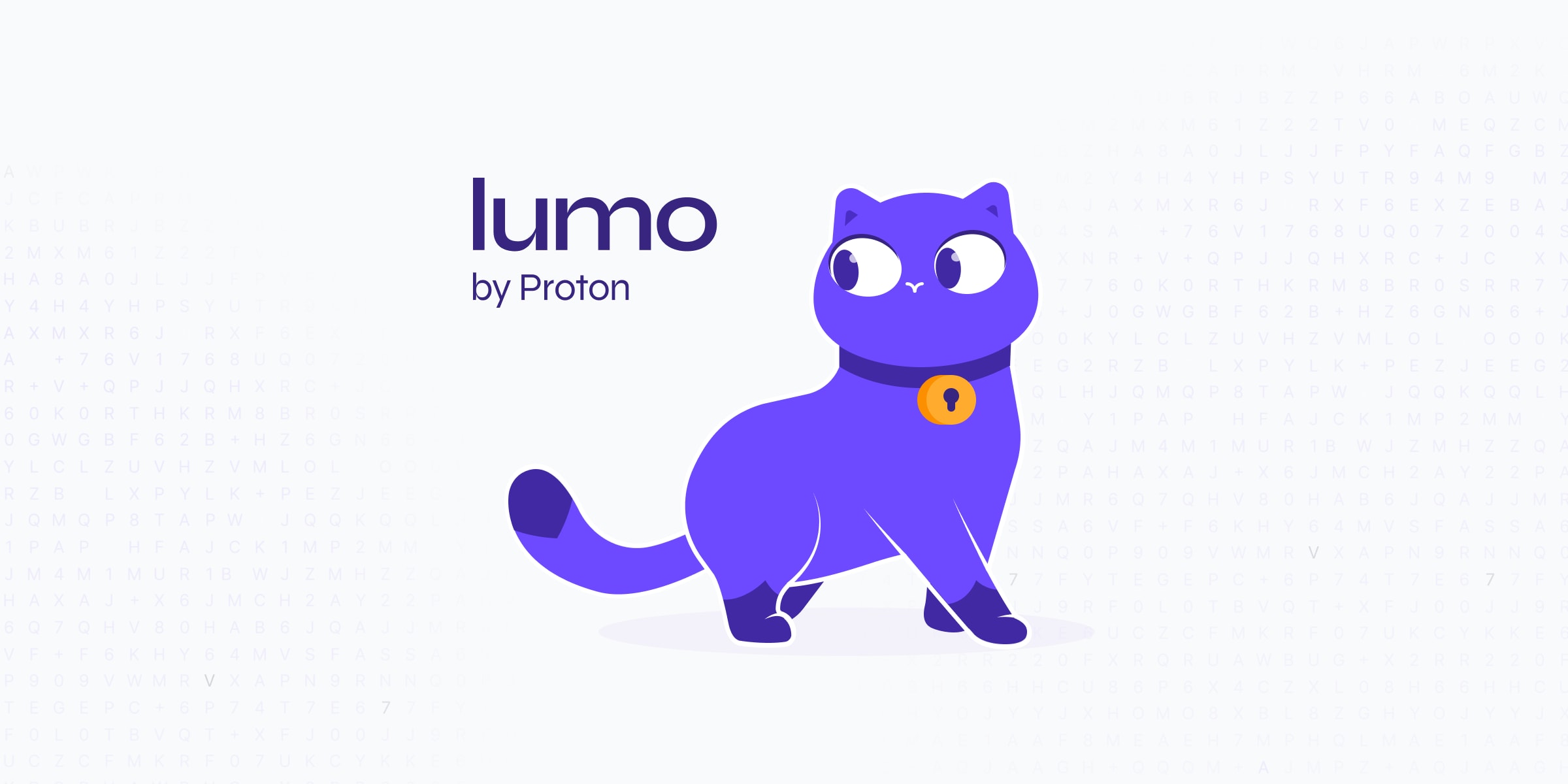 La mascota de un gato para Lumo en un fondo vacío mirando el logo que dice Lumo by Proton