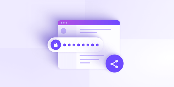 Cover image for a Proton Pass blog about safe password sharing featuring a browser window with a password field and a share icon