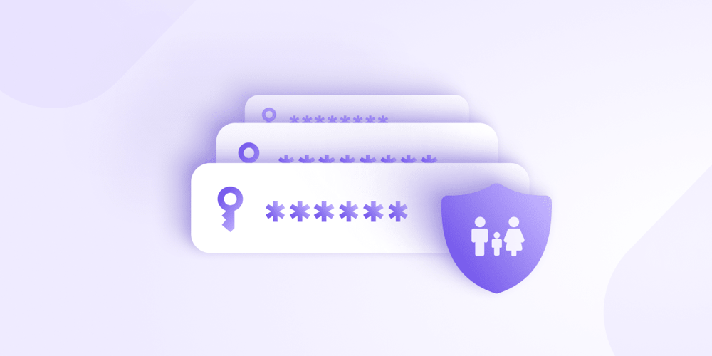 The cover image for a Proton Pass blog explaining how a family password manager can save parents time - the image shows three password fields on top of each other with a security shield shape containing two adult figures and one child figure
