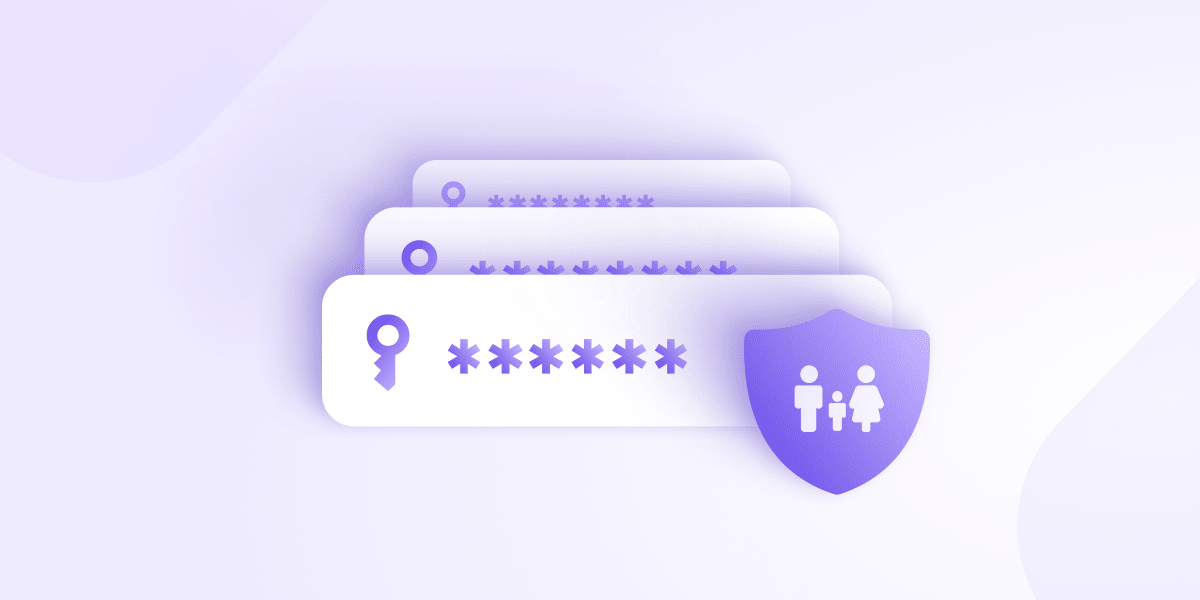 The cover image for a Proton Pass blog explaining how a family password manager can save parents time - the image shows three password fields on top of each other with a security shield shape containing two adult figures and one child figure