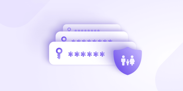The cover image for a Proton Pass blog explaining how a family password manager can save parents time - the image shows three password fields on top of each other with a security shield shape containing two adult figures and one child figure