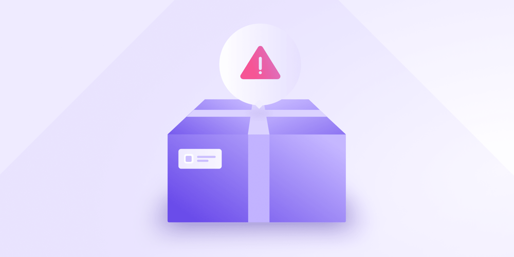 The cover image for a Proton Pass blog about brushing scams, which shows a package with a warning sign above it