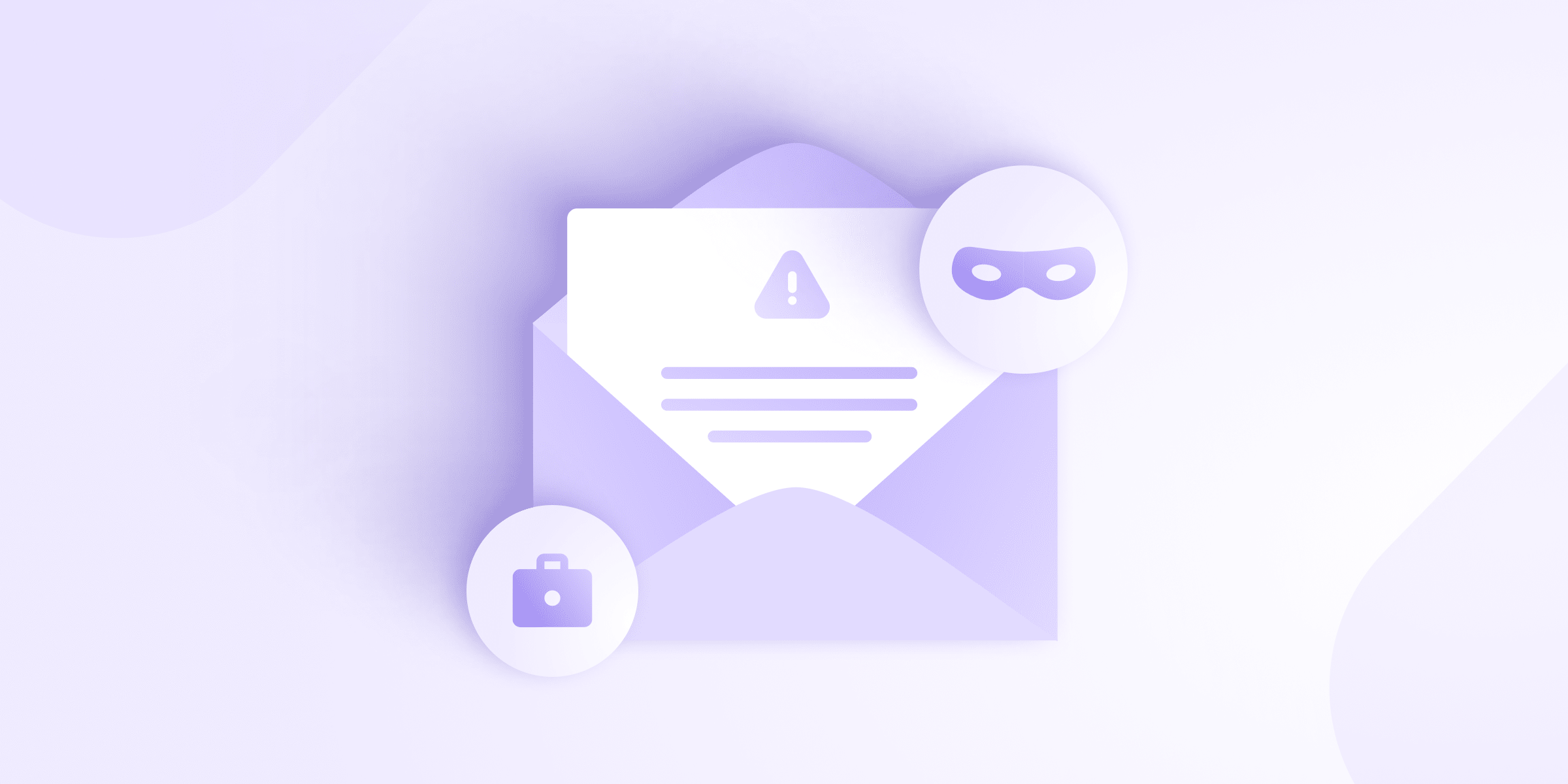The cover image for a Proton Pass blog about pretexting scams. The image shows an open envelope with a warning sign, a briefcase symbol, and a face mask