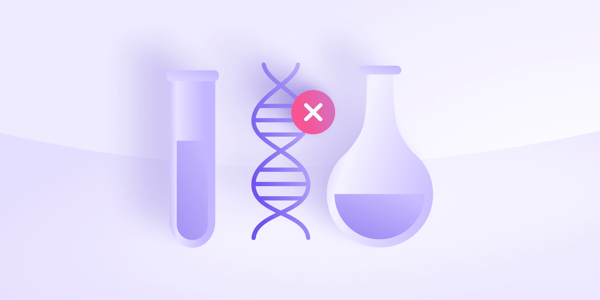 A vial, Erlenmeyer flask, and a DNA double-helix being deleted.