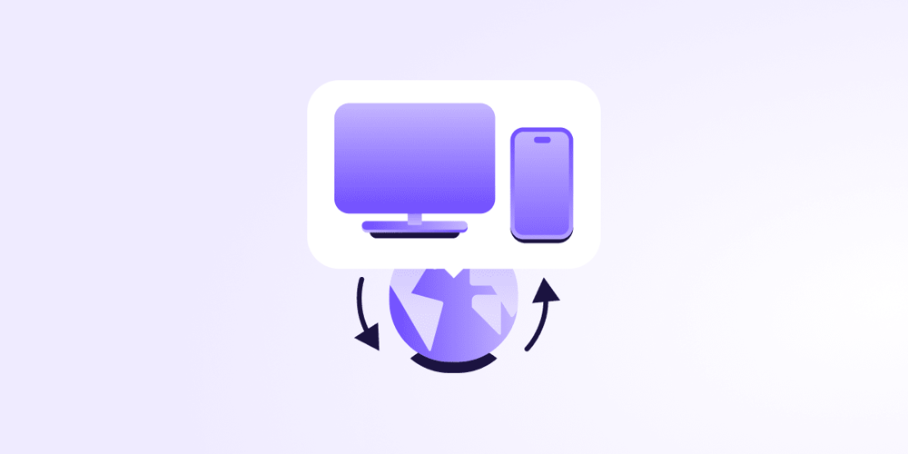 Illustration of a computer and a phone in the foreground and the globe in the background with arrows suggesting movement