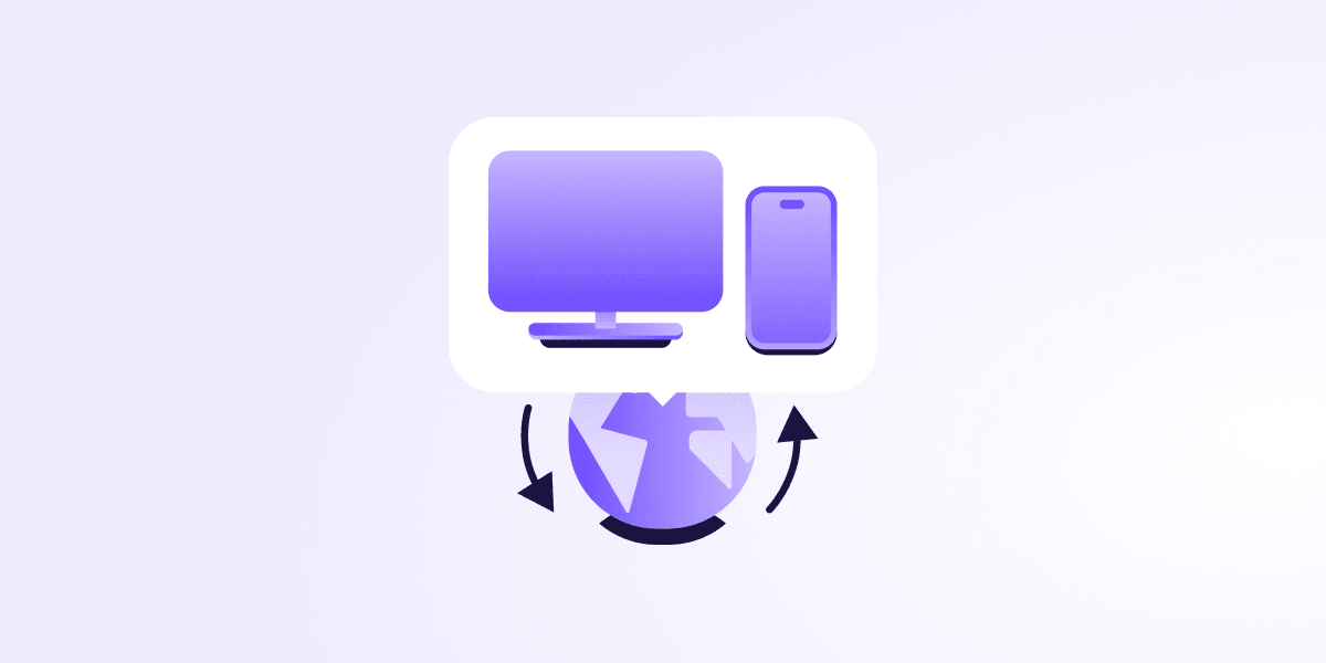 Illustration of a computer and a phone in the foreground and the globe in the background with arrows suggesting movement