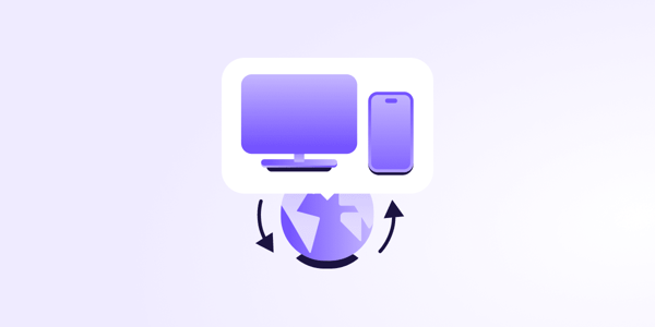 Illustration of a computer and a phone in the foreground and the globe in the background with arrows suggesting movement
