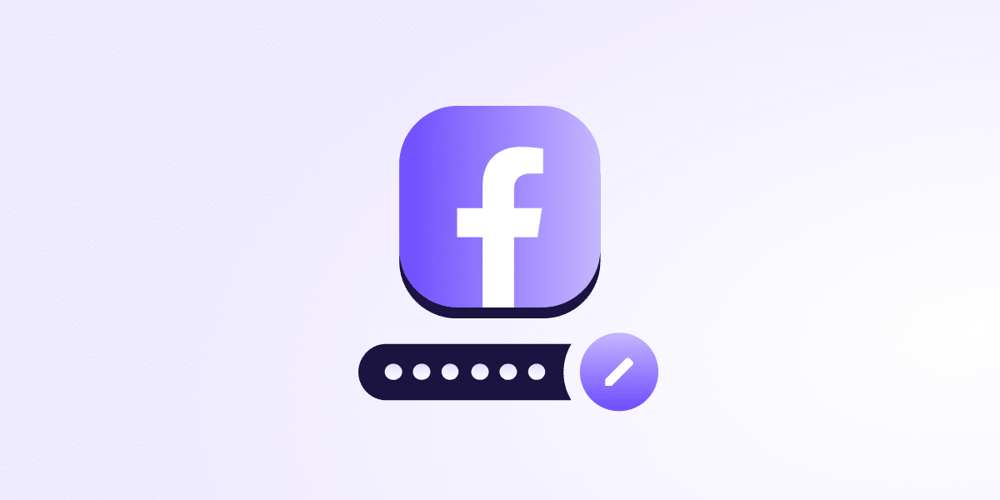 The cover image for a Proton Pass blog about how to change your Facebook password settings. The image shows the Facebook icon with a password field beneath it and a tick at the end of the password field