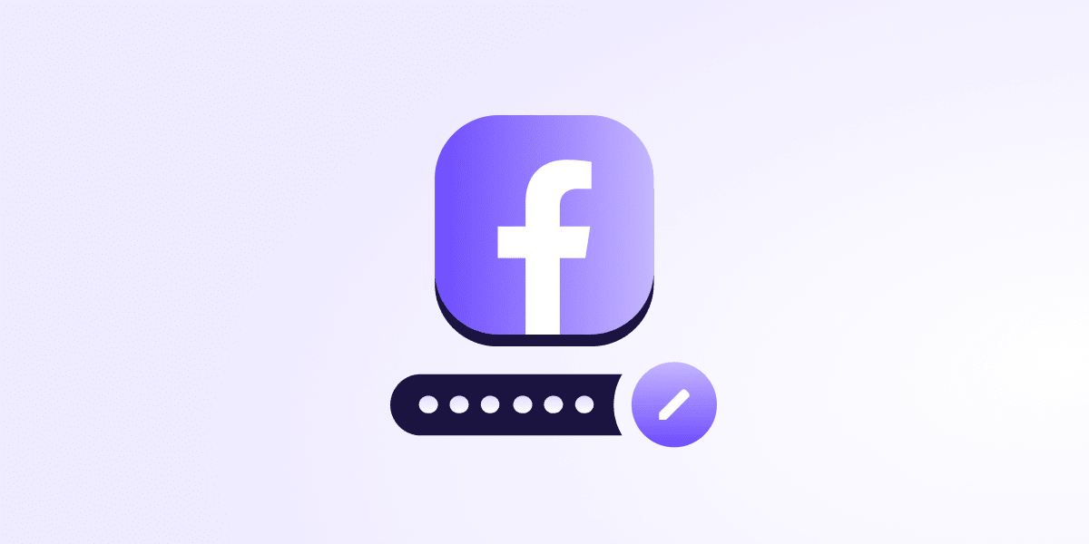 The cover image for a Proton Pass blog about how to change your Facebook password settings. The image shows the Facebook icon with a password field beneath it and a tick at the end of the password field