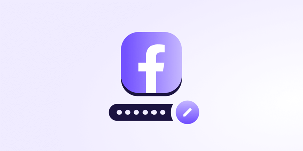 The cover image for a Proton Pass blog about how to change your Facebook password settings. The image shows the Facebook icon with a password field beneath it and a tick at the end of the password field