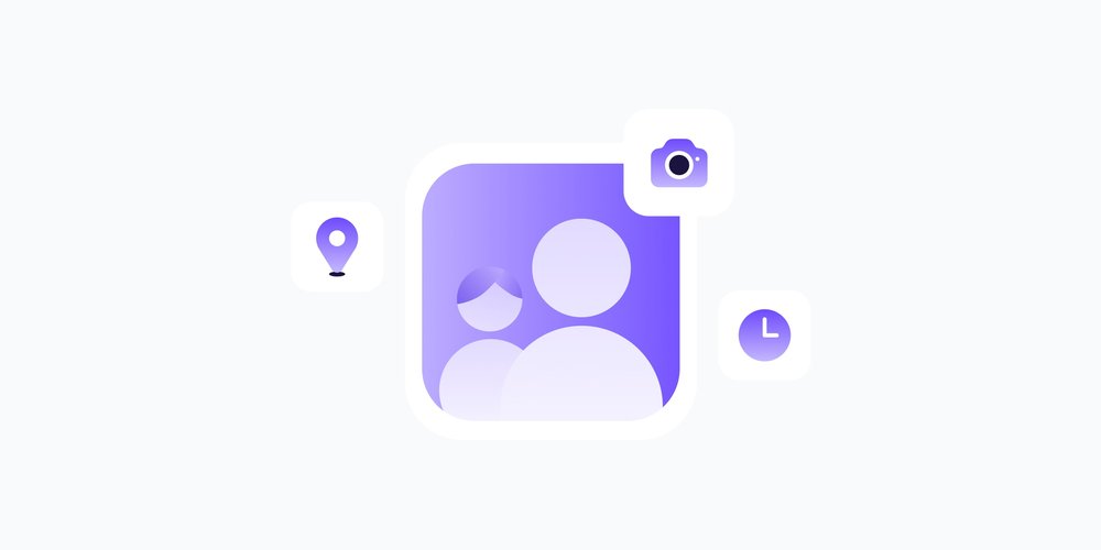 A family photo, a location pin, a camera, and a clock, symbolizing the risks of EXIF data for your personal photos
