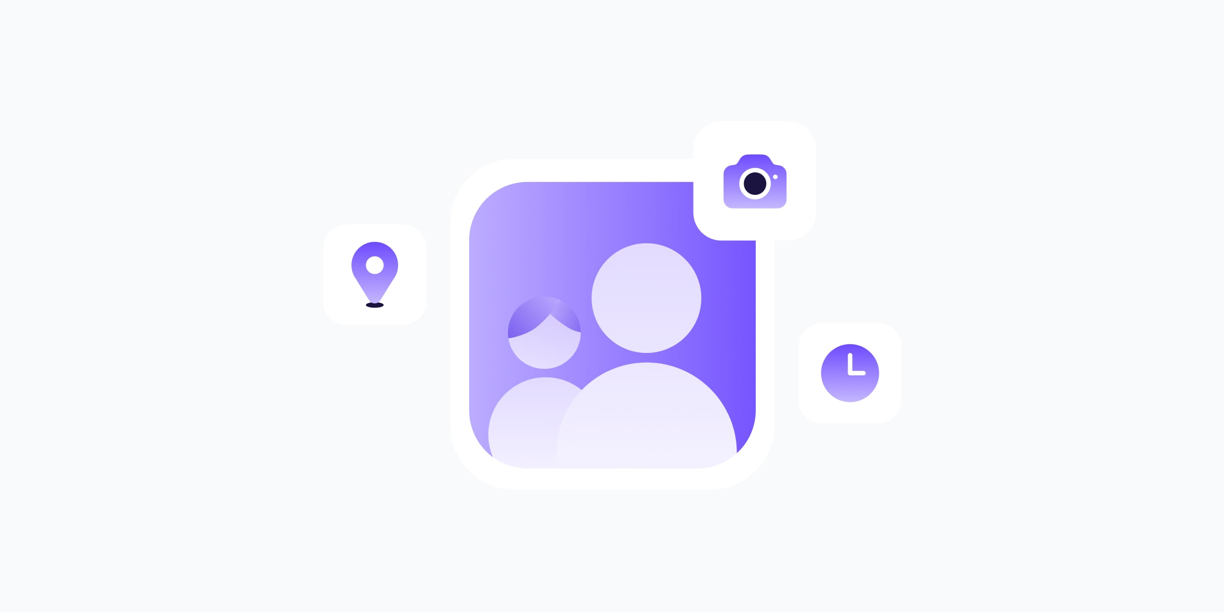 A family photo, a location pin, a camera, and a clock, symbolizing the risks of EXIF data for your personal photos