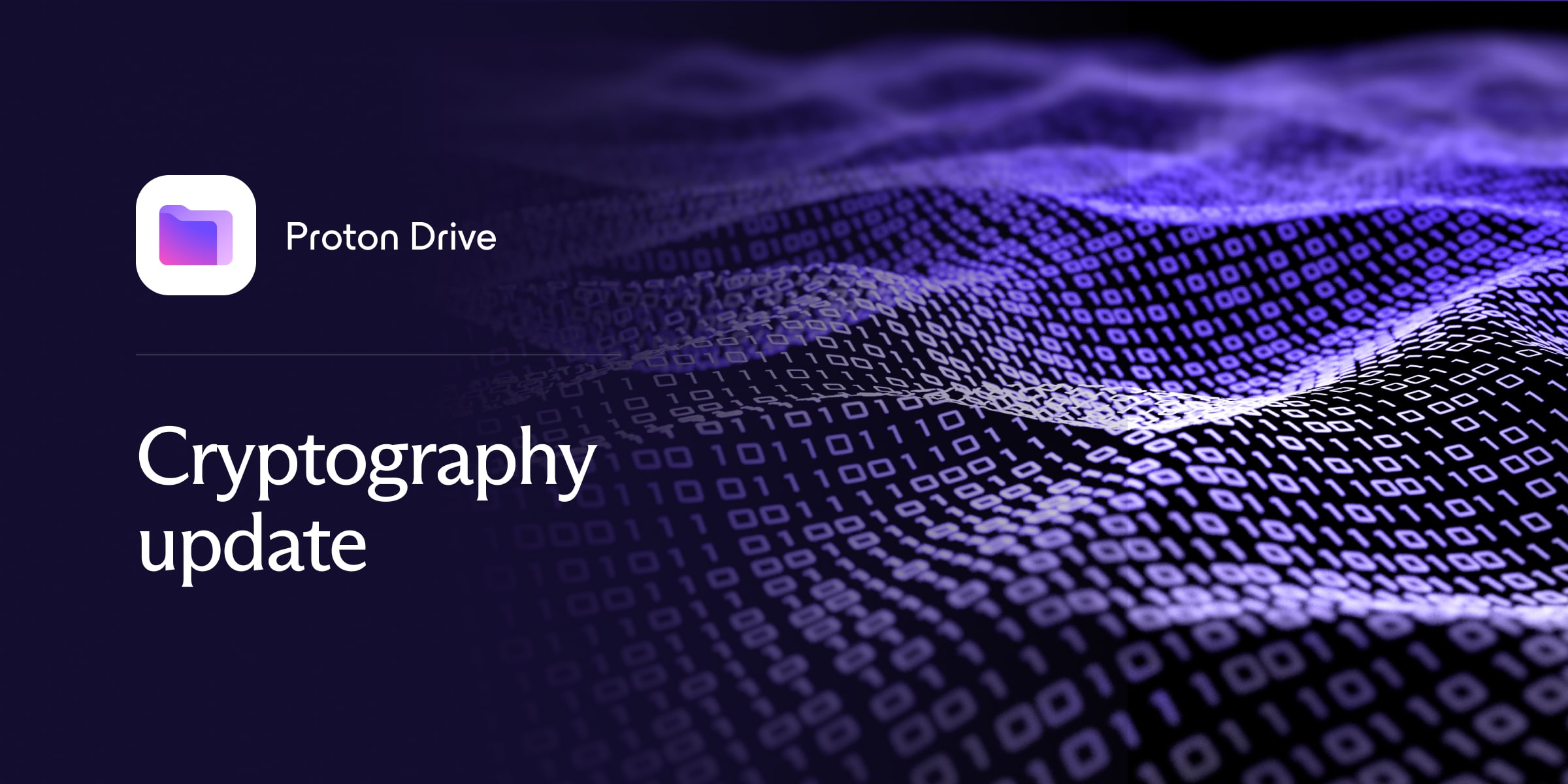 Het Proton Drive-logo en un label met de tekst "Cryptografie-update"