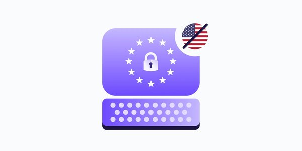 Image of a laptop with the EU flag and a lock on the screen with the US flag crossed out next to it