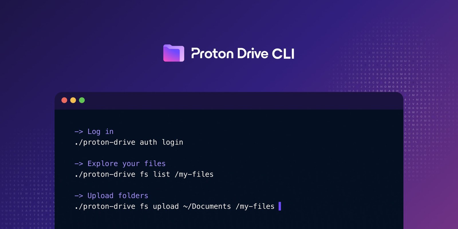 A terminal with Proton Drive CLI commands