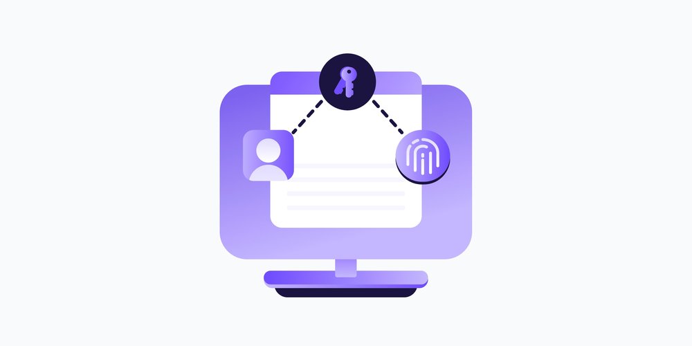 a purple animated computer screen with a white box in the middle. three interconnected icons are on the screen: bottom left is a purple person icon, middle is a purple key on a black background, and right is a white fingerprint on a purple background.