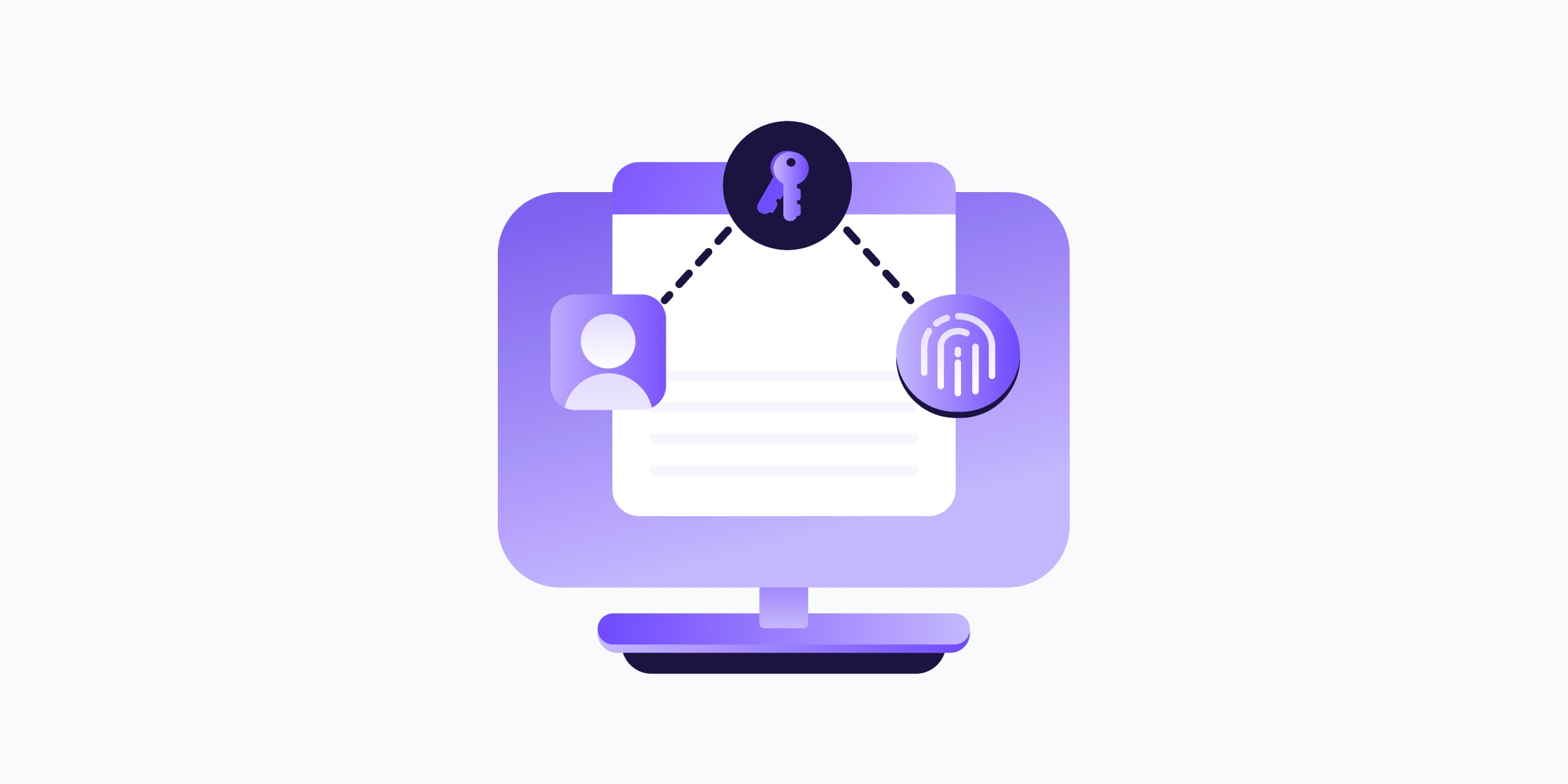 a purple animated computer screen with a white box in the middle. three interconnected icons are on the screen: bottom left is a purple person icon, middle is a purple key on a black background, and right is a white fingerprint on a purple background.