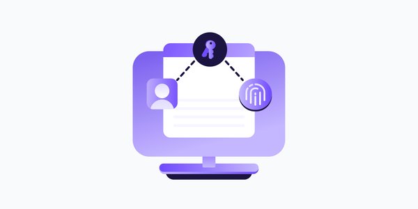 a purple animated computer screen with a white box in the middle. three interconnected icons are on the screen: bottom left is a purple person icon, middle is a purple key on a black background, and right is a white fingerprint on a purple background.