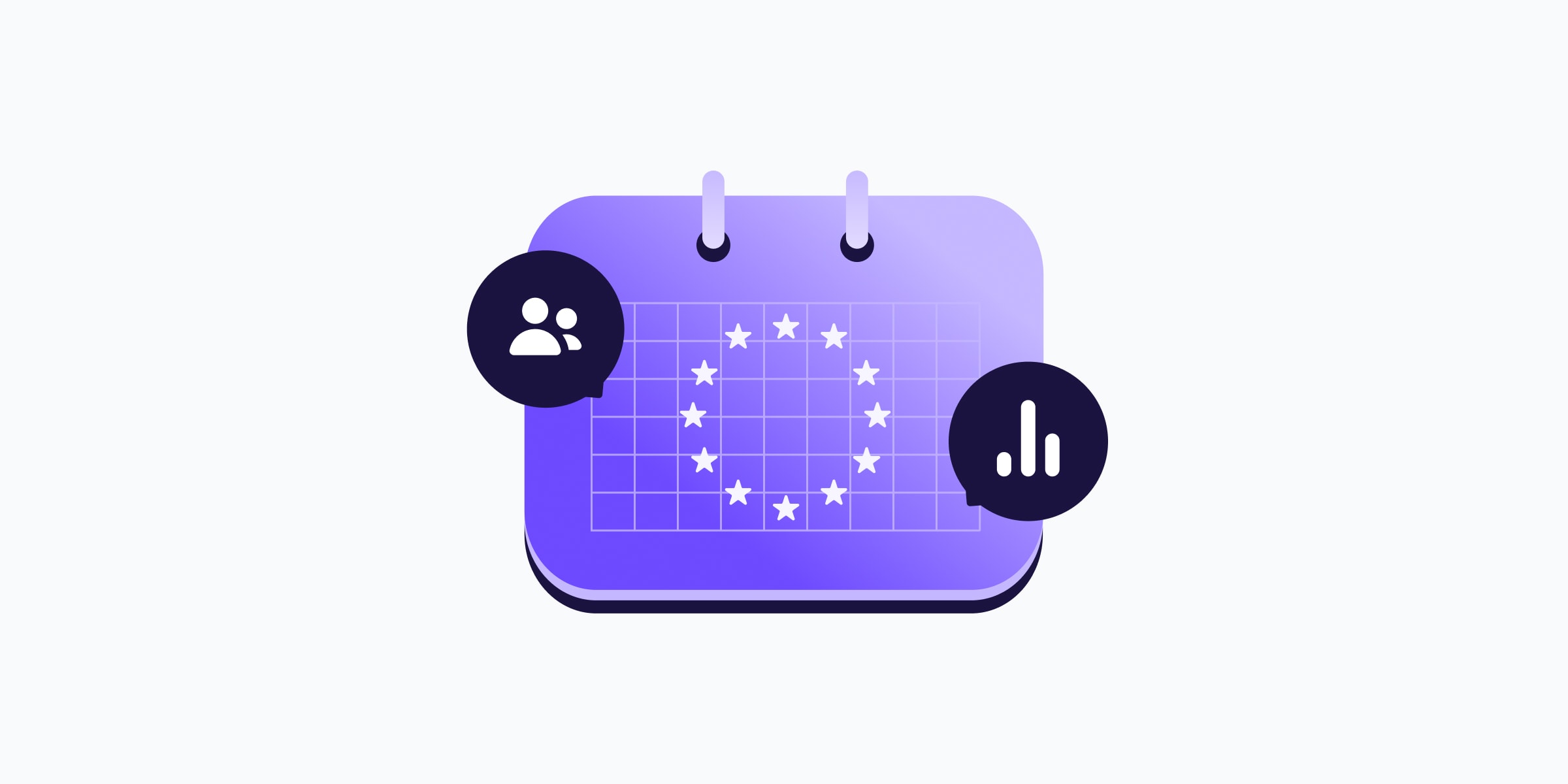 a purple animated calendar with a white ring of stars in the center, a black circle with a person icon in the top left, and a black circle with a bar chart in the bottom right