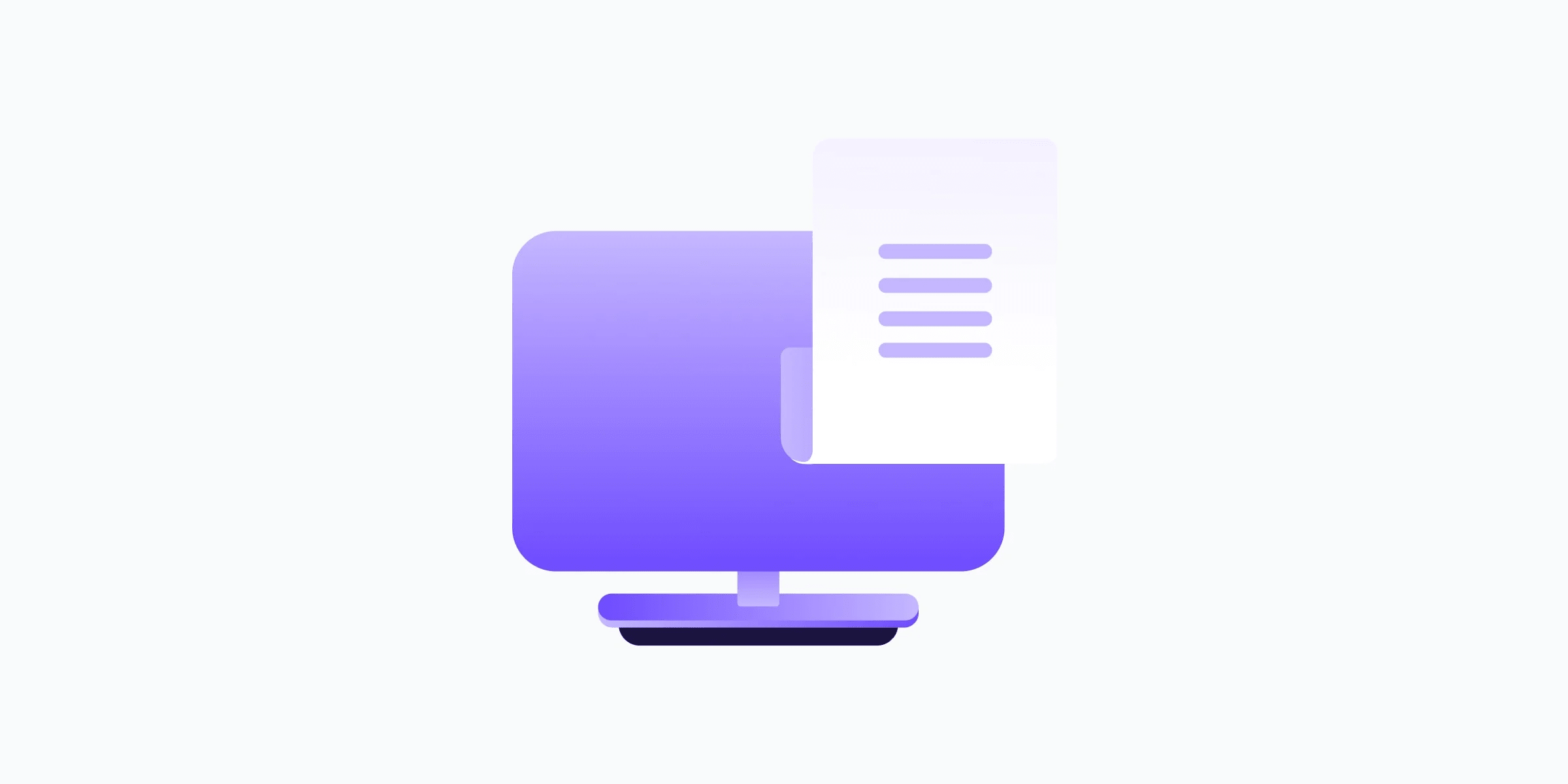 A purple animated computer monitor with a white document containing purple lines overlaid in the right corner