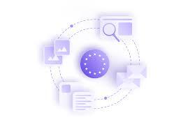Illustration of a European Union flag at the center of a circular diagram, surrounded by icons representing documents, images, email, search, and data — suggesting a connected European digital ecosystem.