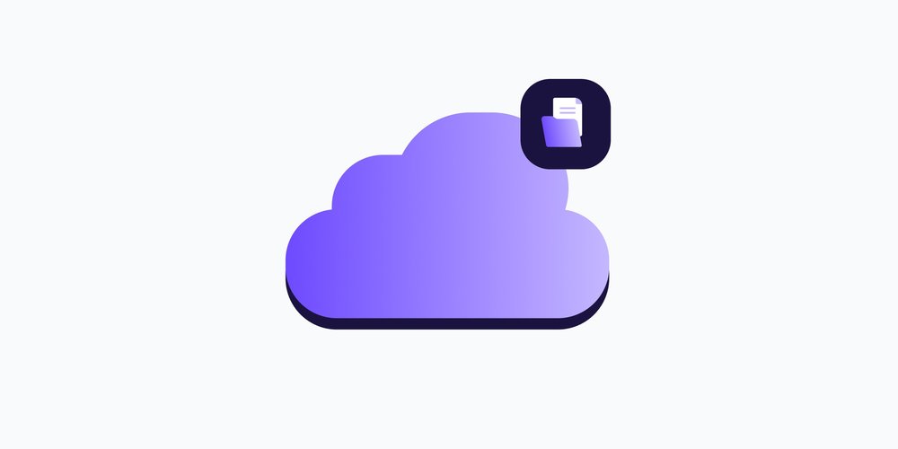 A purple cloud icon with a document folder badge in the upper right corner, illustrating cloud document management.