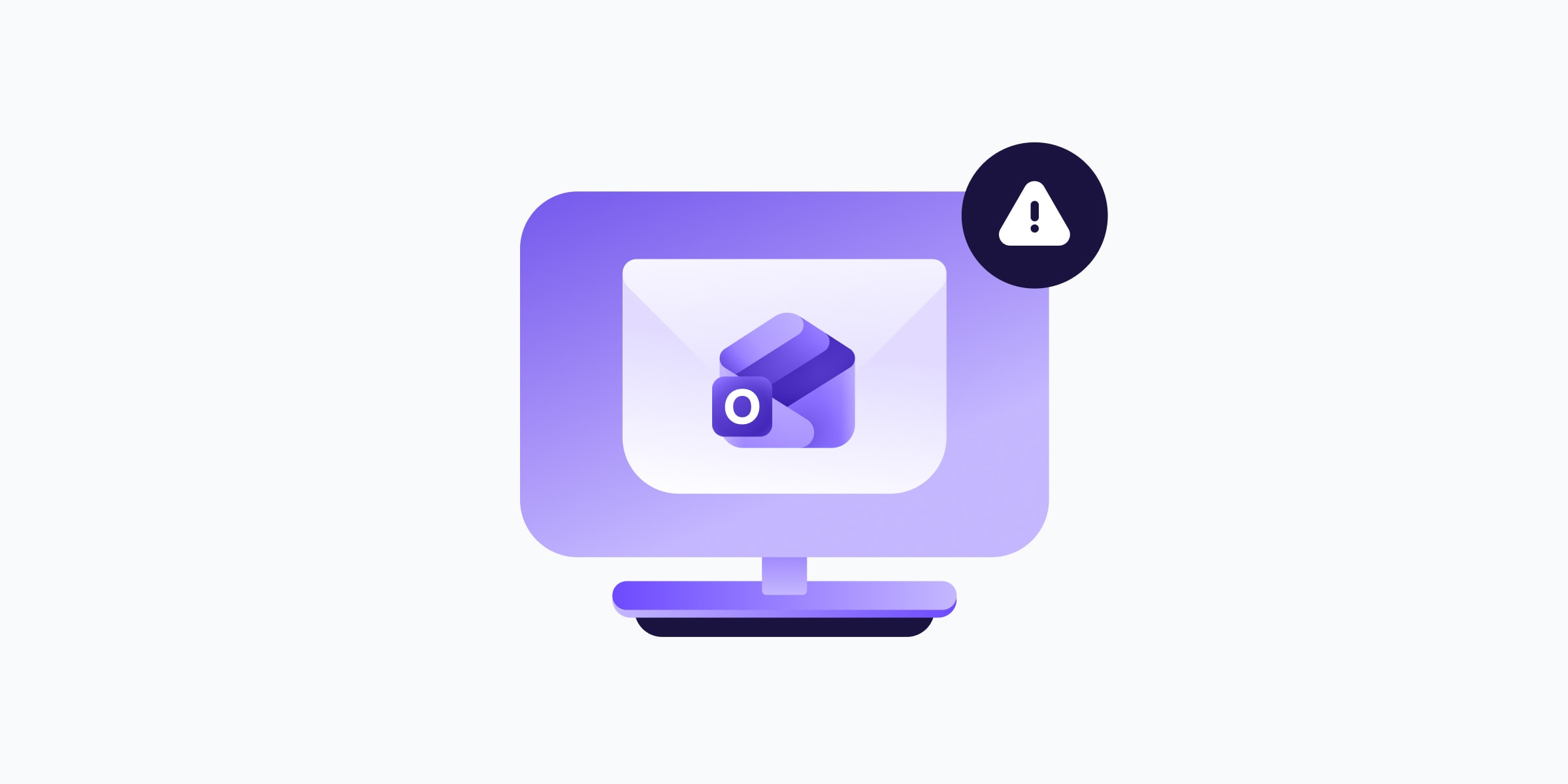Illustration of a desktop monitor displaying an envelope with the Microsoft Outlook logo, alongside a warning icon — representing Outlook's attachment size limit error.