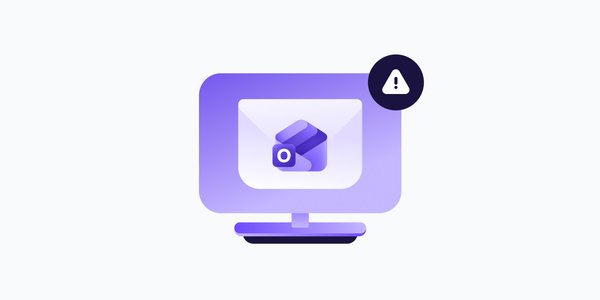 Illustration of a desktop monitor displaying an envelope with the Microsoft Outlook logo, alongside a warning icon — representing Outlook's attachment size limit error.