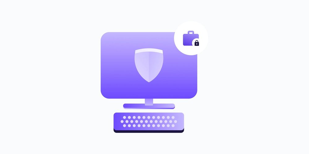 a purple cartoon desktop monitor with a keyboard. the screen contains a light purpe shield icon, and a white circle containing a purple briefcase and a black padlock sits in the top right corner.