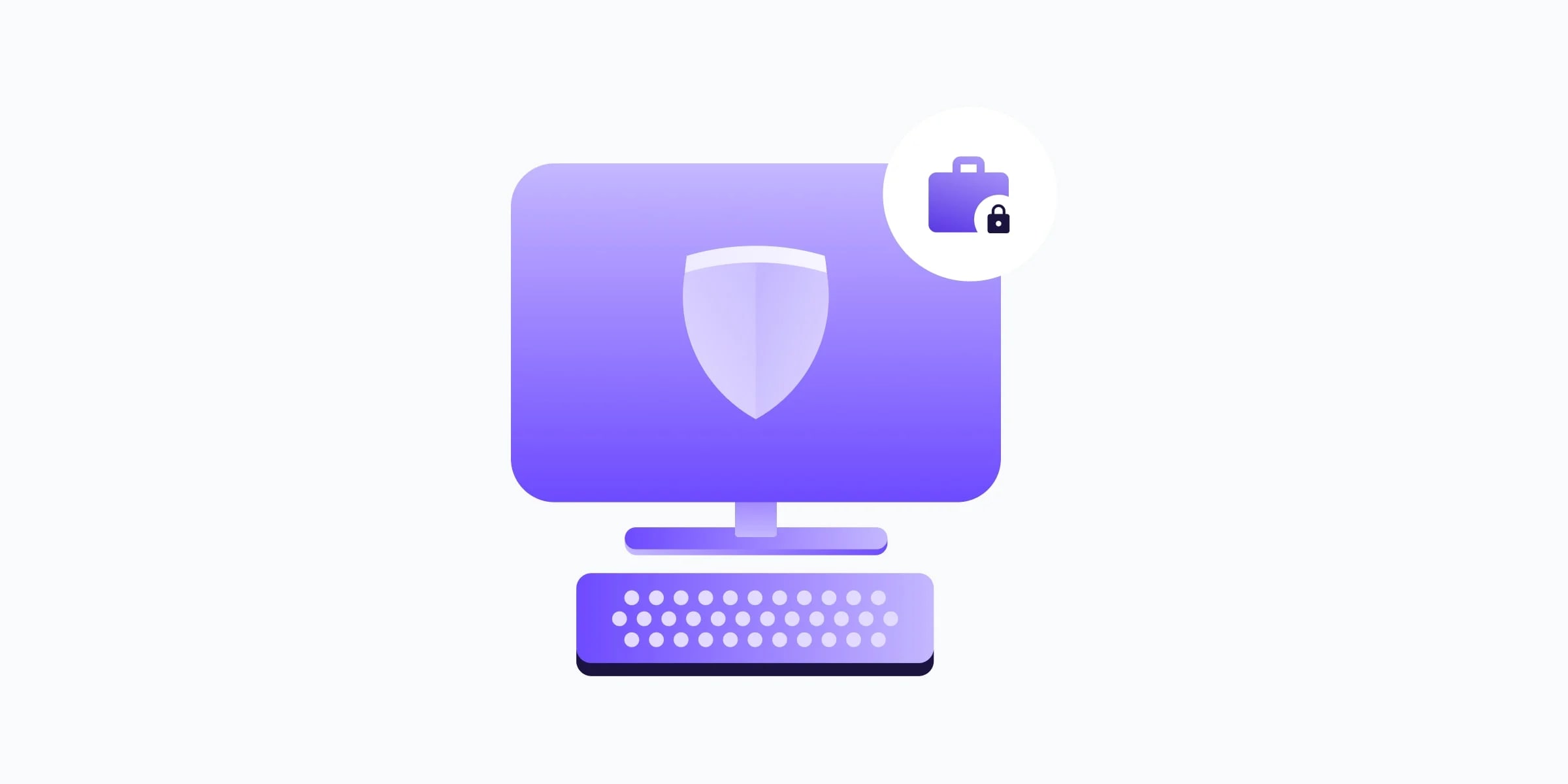 a purple cartoon desktop monitor with a keyboard. the screen contains a light purpe shield icon, and a white circle containing a purple briefcase and a black padlock sits in the top right corner.