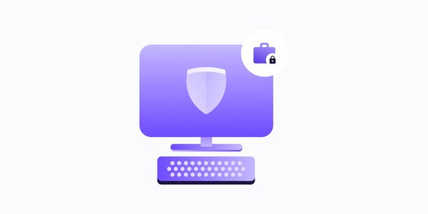 a purple cartoon desktop monitor with a keyboard. the screen contains a light purpe shield icon, and a white circle containing a purple briefcase and a black padlock sits in the top right corner.