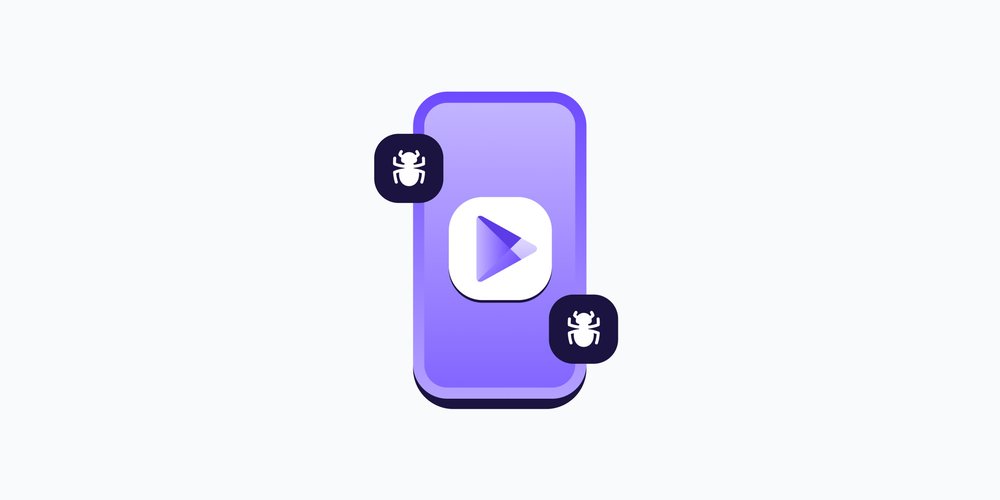a purple animated phone screen with a white rounded square in the center containing a purple google play store logo. two rounded black squares sit in the upper right and lower left sides of the screen, containing white bug icons