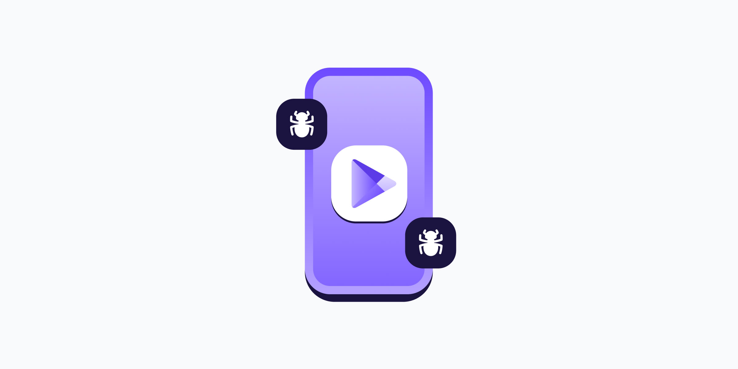 a purple animated phone screen with a white rounded square in the center containing a purple google play store logo. two rounded black squares sit in the upper right and lower left sides of the screen, containing white bug icons