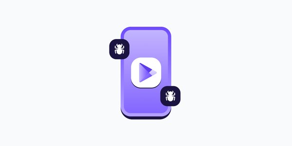 a purple animated phone screen with a white rounded square in the center containing a purple google play store logo. two rounded black squares sit in the upper right and lower left sides of the screen, containing white bug icons
