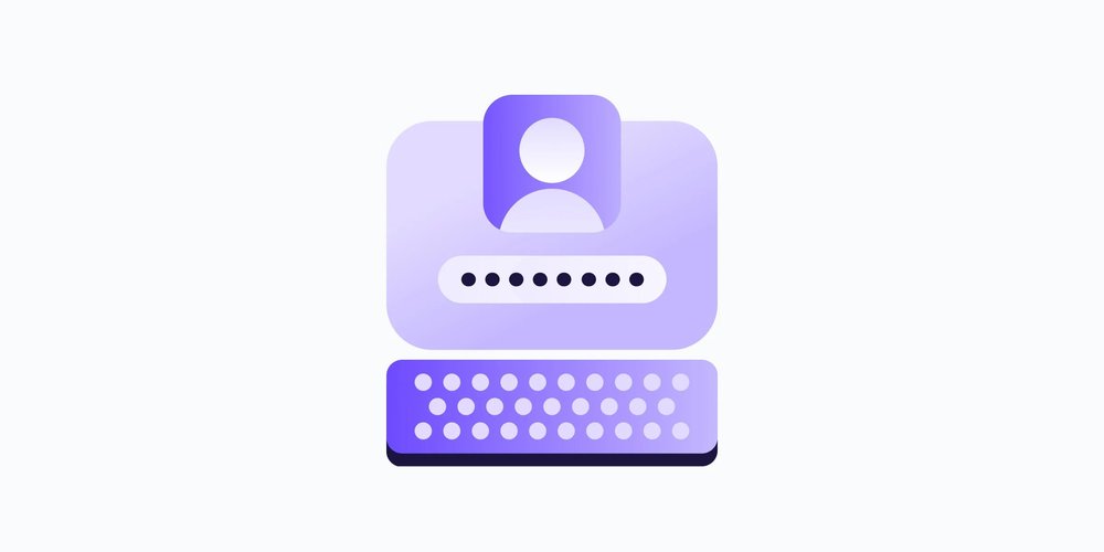 a purple computer screen and keyboard with a white text box and a person icon in the center