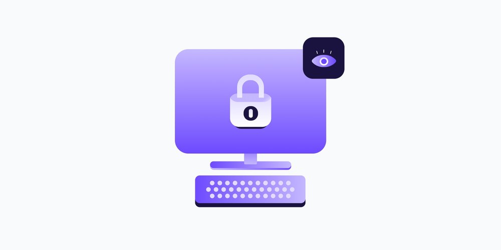 Illustration of a desktop computer with a padlock on screen and a watchful eye icon in the corner — representing network security monitoring.