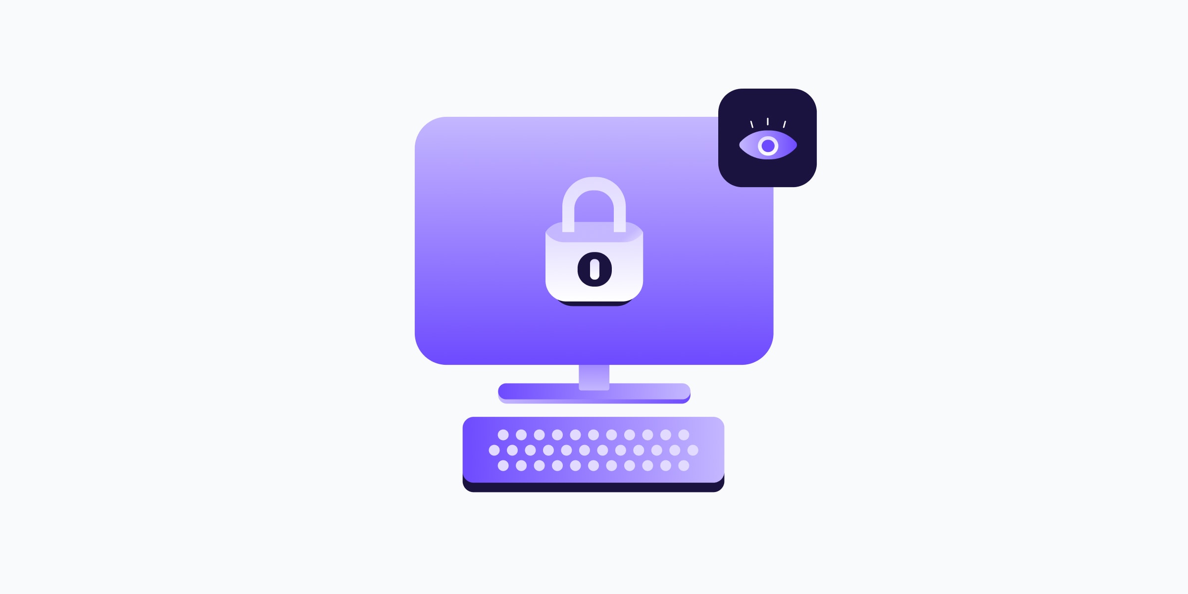 Illustration of a desktop computer with a padlock on screen and a watchful eye icon in the corner — representing network security monitoring.