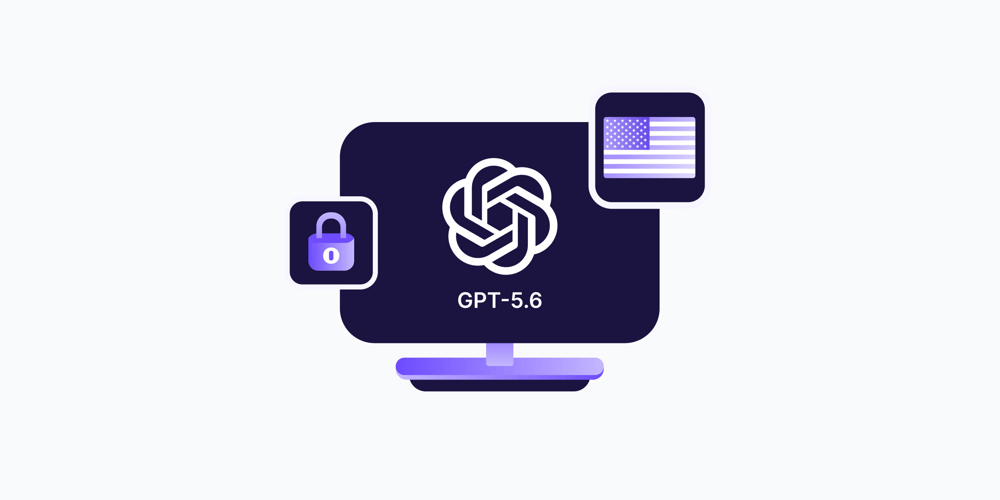 A purple animated computer monitor with a black background containing a white OpenAI logo and the text 'GPT-5.6'. Two square icons sit above the computer screen, one containing a purple lock icon to the lower left side and one containing a purple american flag to the upper right