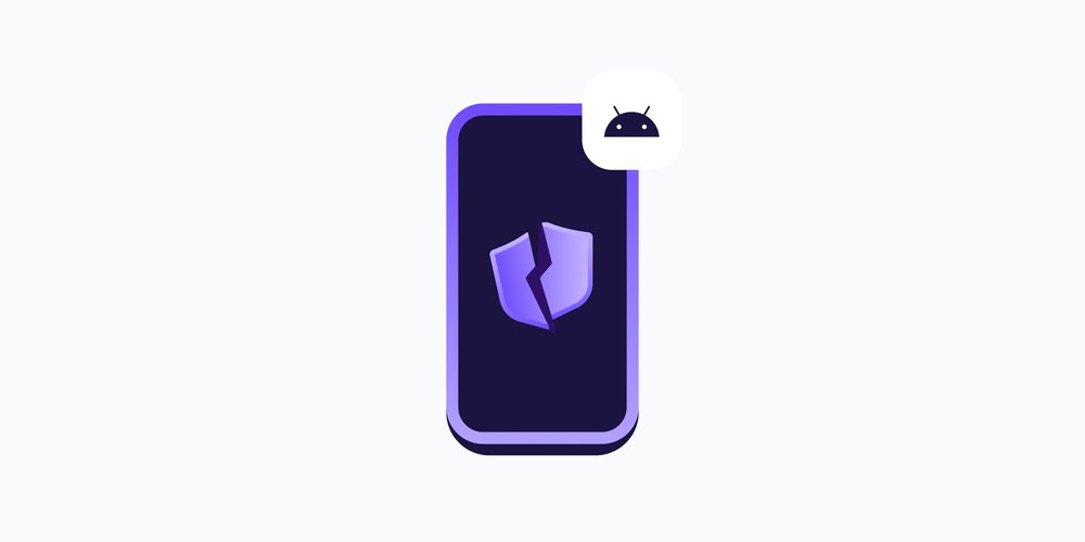 a purple animated smartphone screen with a black screen containing a broken purple shield icon. a black android icon sits in the top right corner
