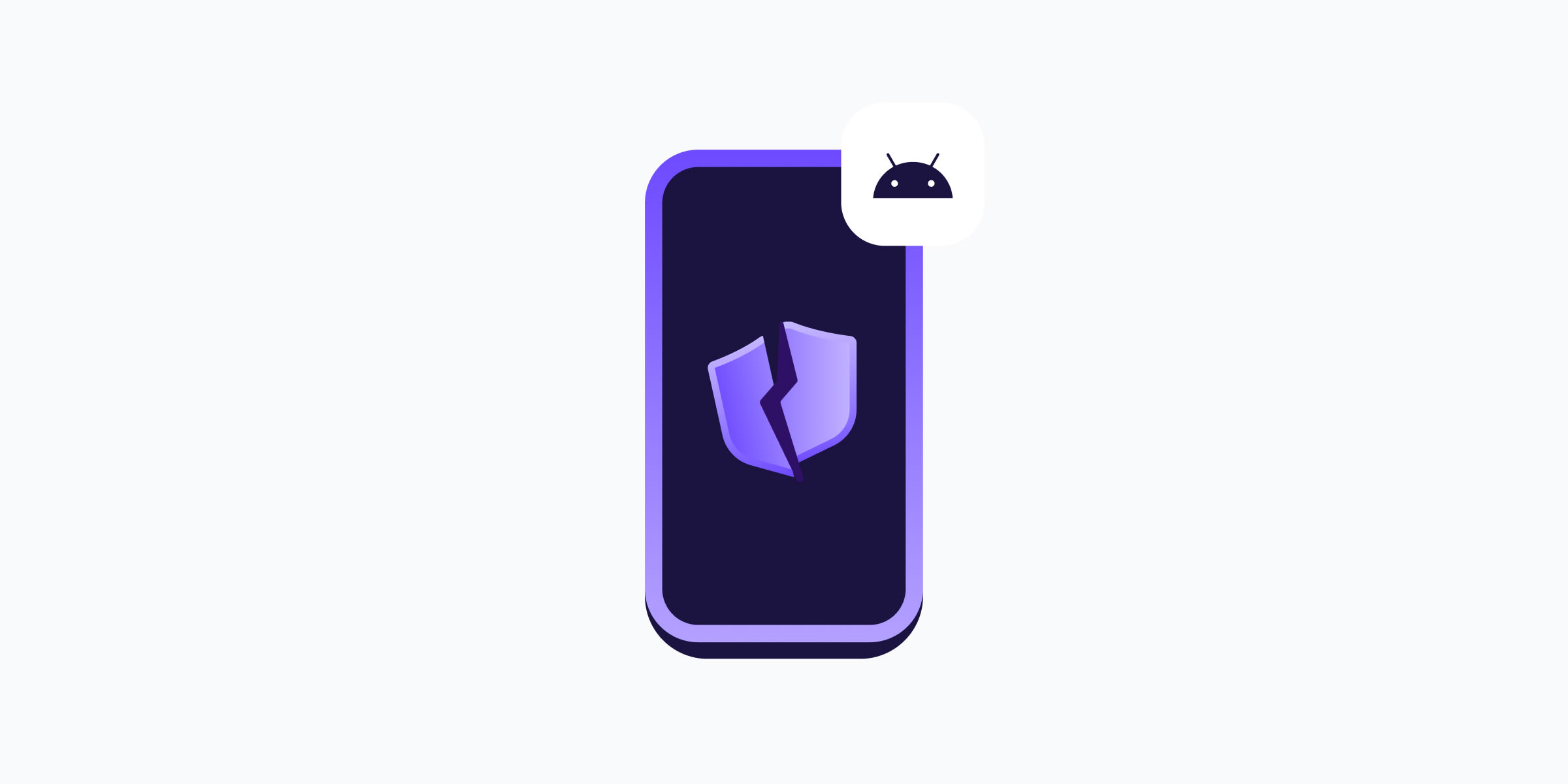 a purple animated smartphone screen with a black screen containing a broken purple shield icon. a black android icon sits in the top right corner