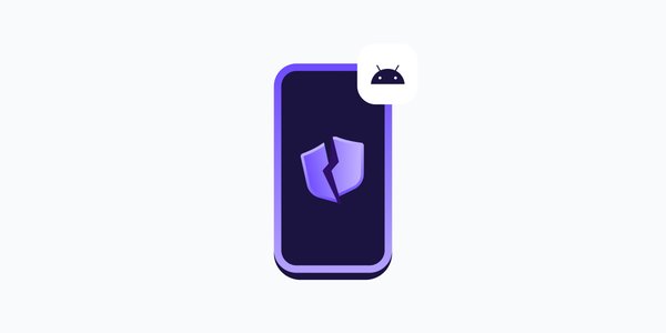 a purple animated smartphone screen with a black screen containing a broken purple shield icon. a black android icon sits in the top right corner