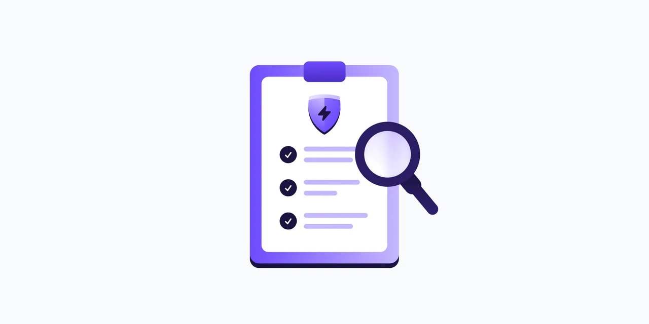an animated clipboard with a purple border and white background, containing a purple shield icon, three black circles containing white ticks, and a black magnifying lens over the right edge of the clipboard