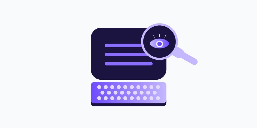 an animated computer monitor and purple keyboard with white keys, the monitor is black and contains purple lines. a magnifying glass with a black lens overlays the top right corner, and contains a purple eye icon