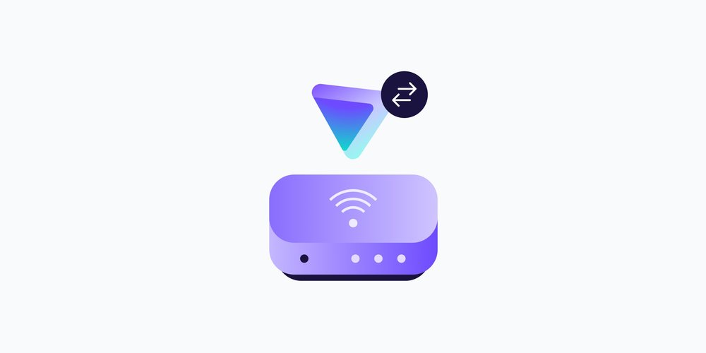 Illustration of a wifi router beneath a VPN icon with a two-way arrows badge — representing VPN passthrough on a router.