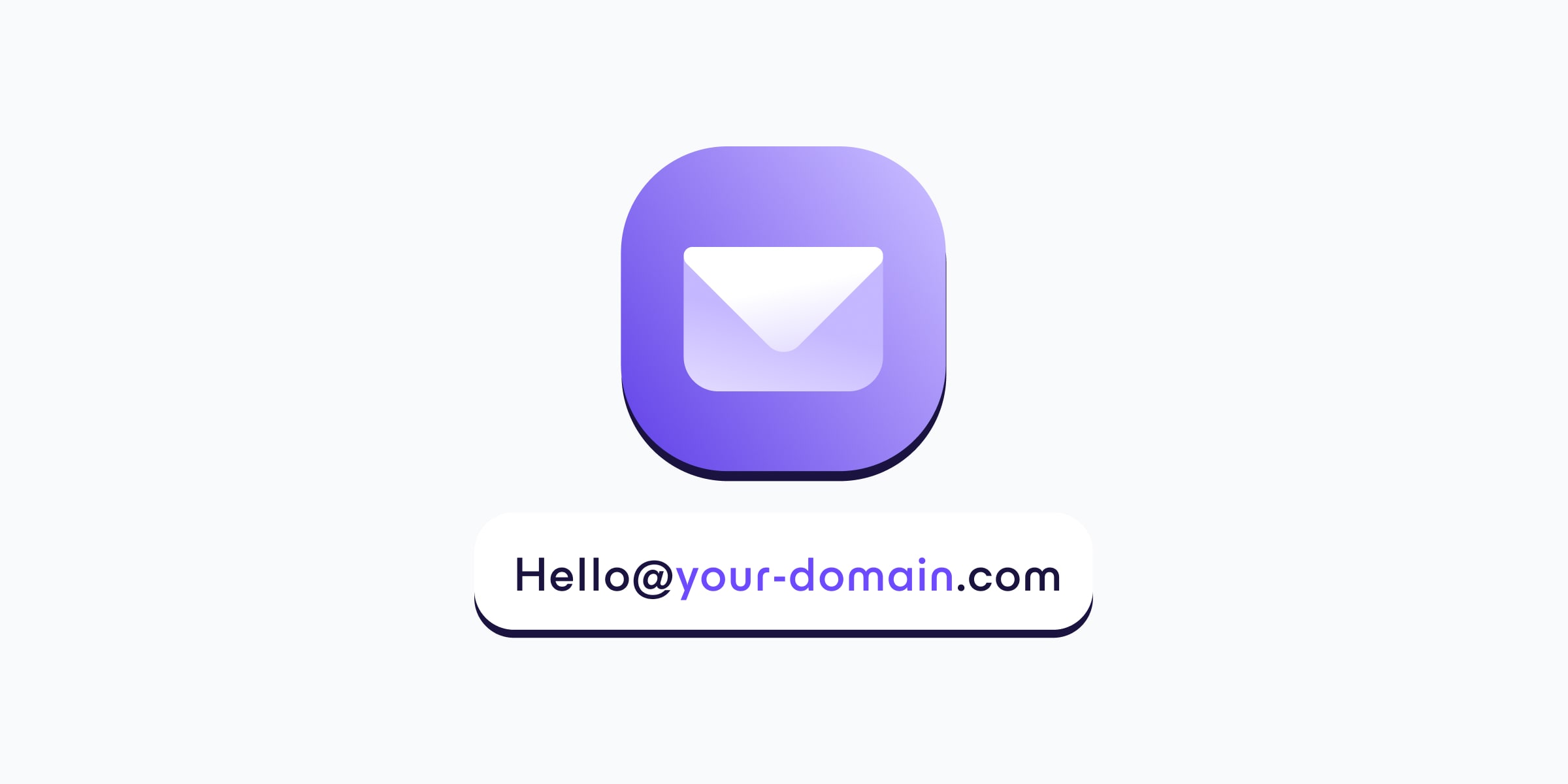Illustration of a email app icon above a custom email address reading "Hello@your-domain.com" — representing professional email with a custom domain.