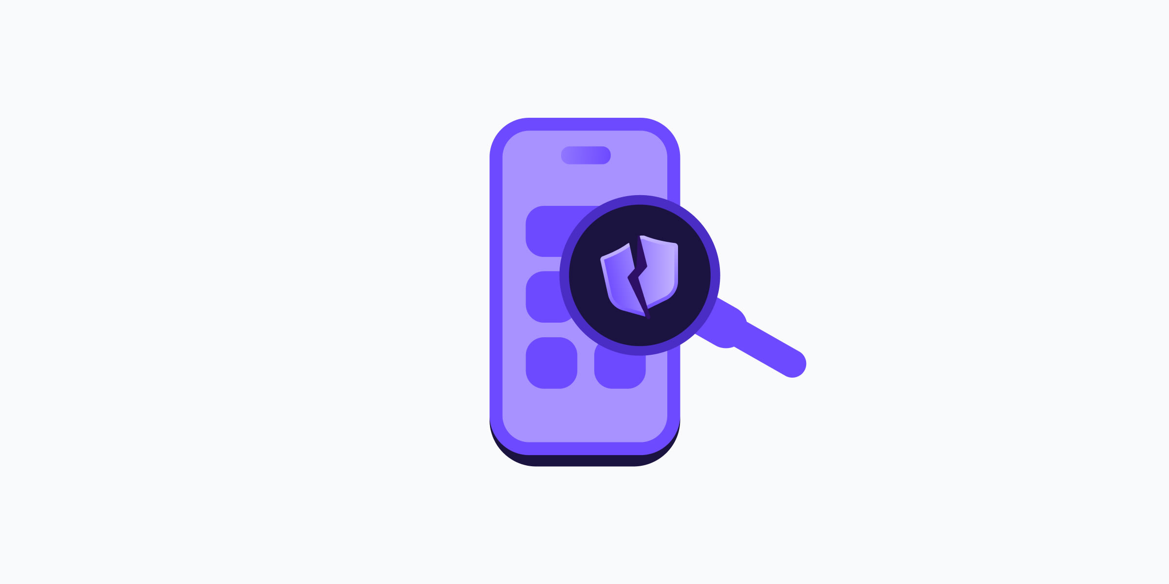 a purple animated smartphone screen with a purple magnifying glass overlaying the right middle side. The magnifying glass has a black lens containing a broken purple shield icon